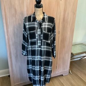 Neiman Marcus Plaid long sleeve flannel black white Shirt Dress grunge 90s sz12